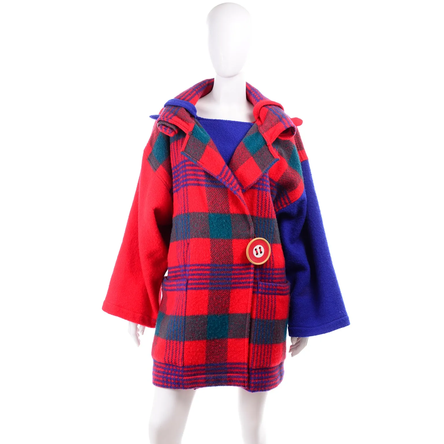 1980s Jean Charles de Castelbajac Red & Blue Plaid Vintage Blanket Coat