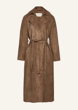 Belted leather wrap coat in beige suede