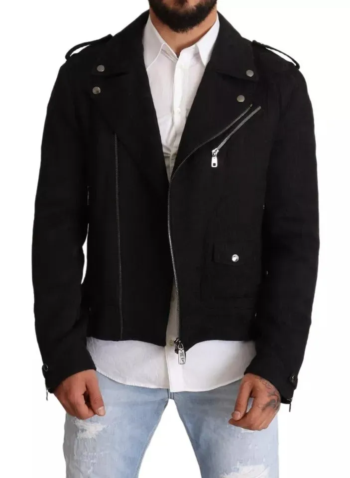 Black Brocade Full Zip Biker Coat Jacket