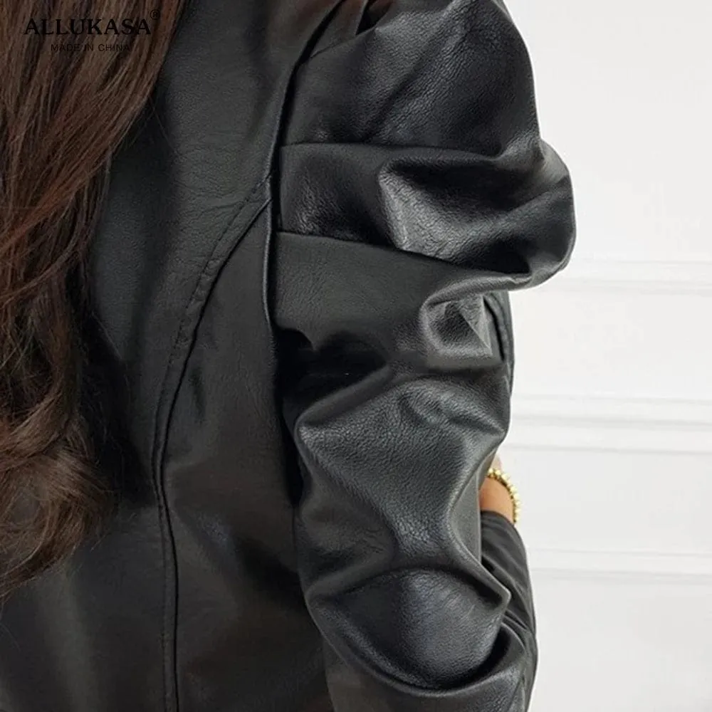 Black Fashion Faux PU Leather Jacket For Women Lady's Long Sleeve Coat With Zipper