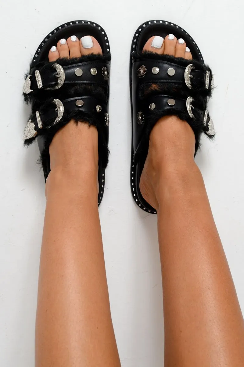 Black Faux Leather Fur Buckle Sliders - Kaily