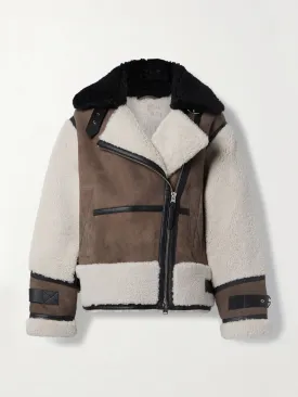 Brown and cream panelled shearling jacket