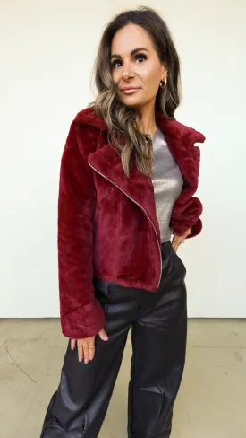 Burgundy Faux Fur Moto Jacket