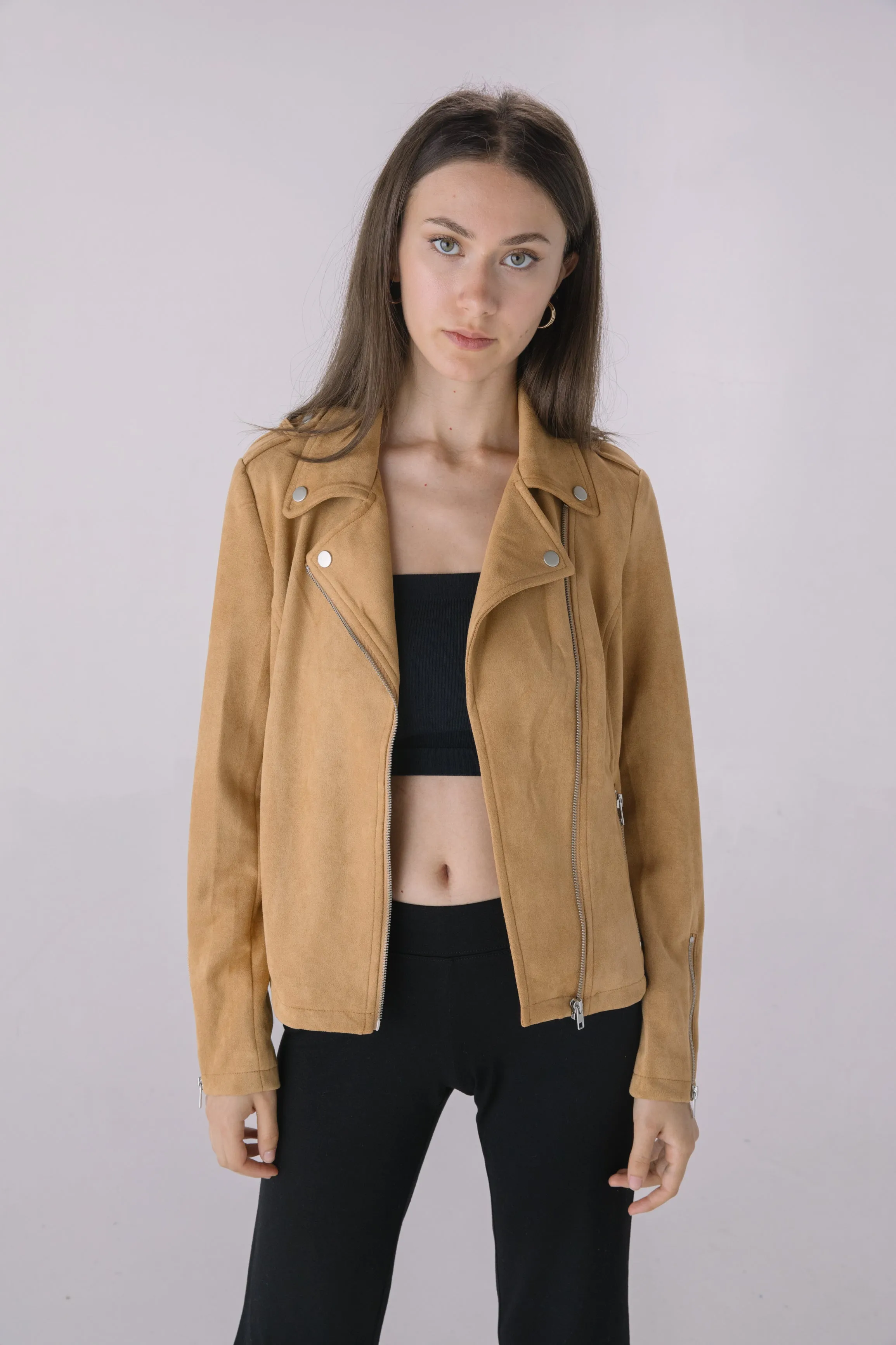 Camel Faux Suede Moto Jacket