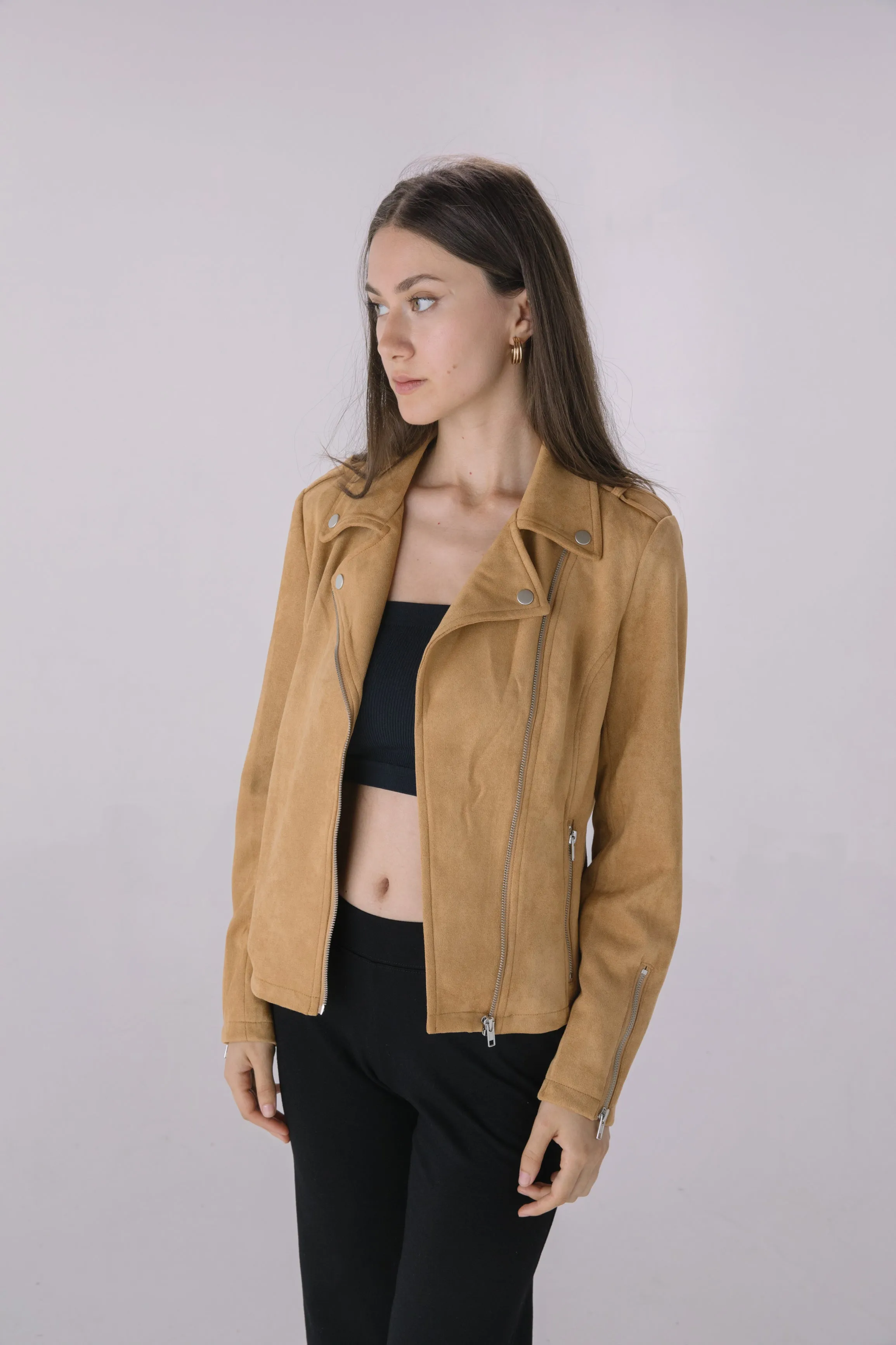 Camel Faux Suede Moto Jacket