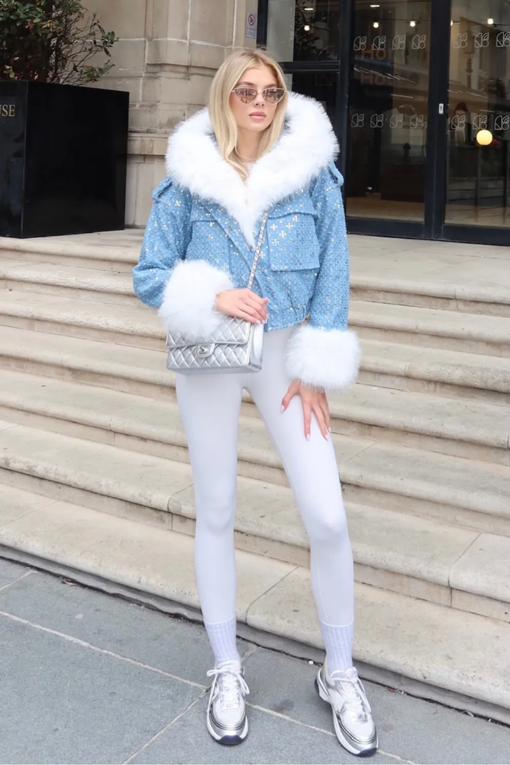 Casey blue and white denim sequin hooded faux fur jacket