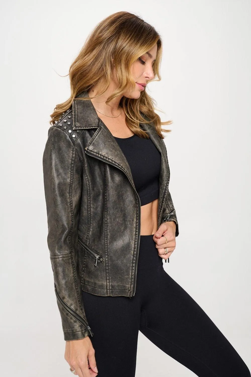 Coalition LA Moto Faux Leather Jacket Studded Classic Coat