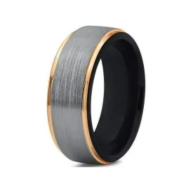 Double Groove Brushed Silver and Rose Gold Tungsten Ring