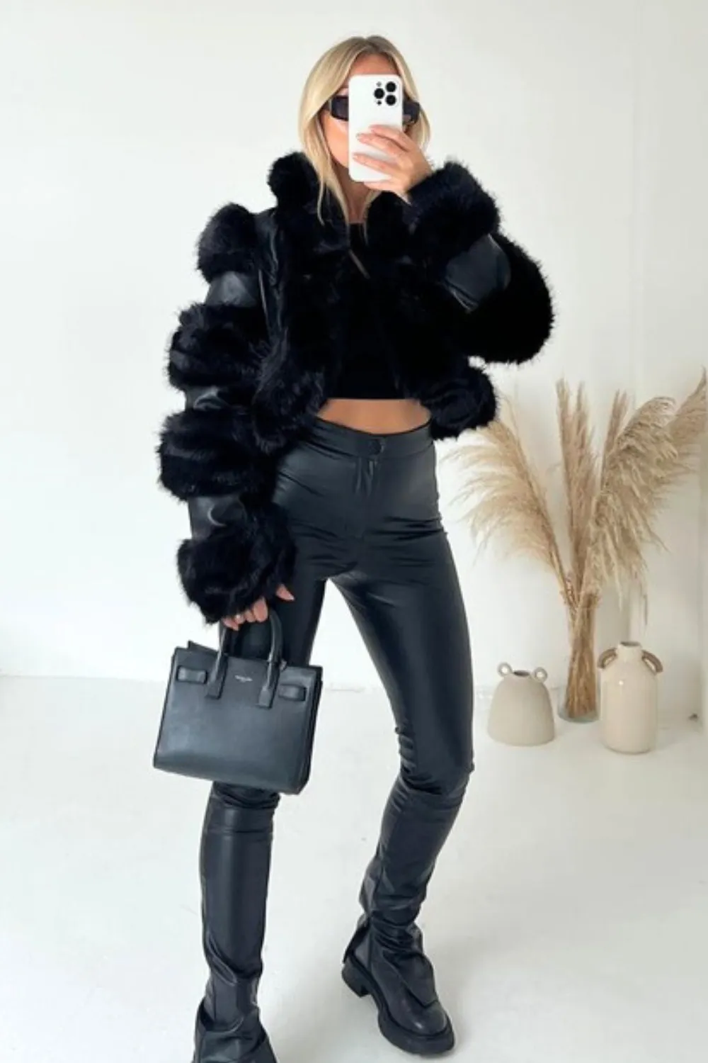 Evelyn black cropped faux fur leather jacket