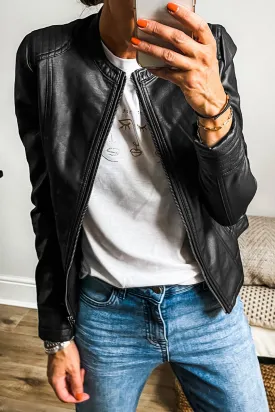 Faux Leather Zipped Bomber Jacket