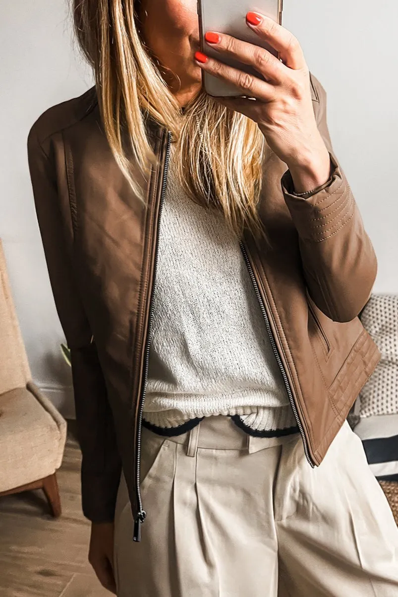 Faux Leather Zipped Bomber Jacket