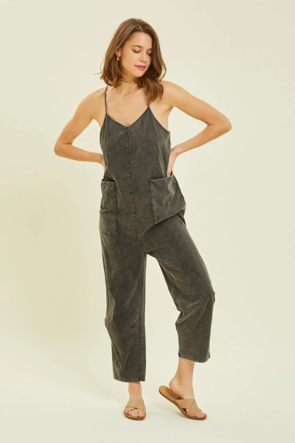 Full Size Mineral-Washed Oversized Jumpsuit with Pockets