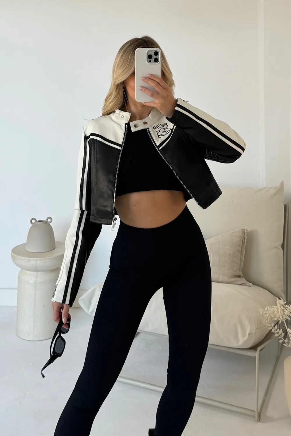 Gege black and white cropped faux leather biker jacket