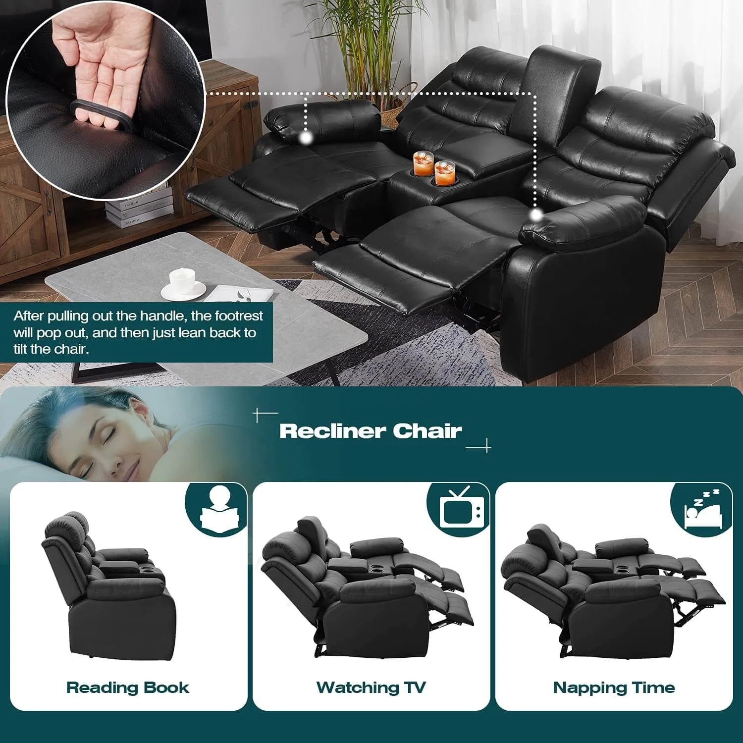 Homrest Manual Reclining Double Loveseat with Storage Console , Black