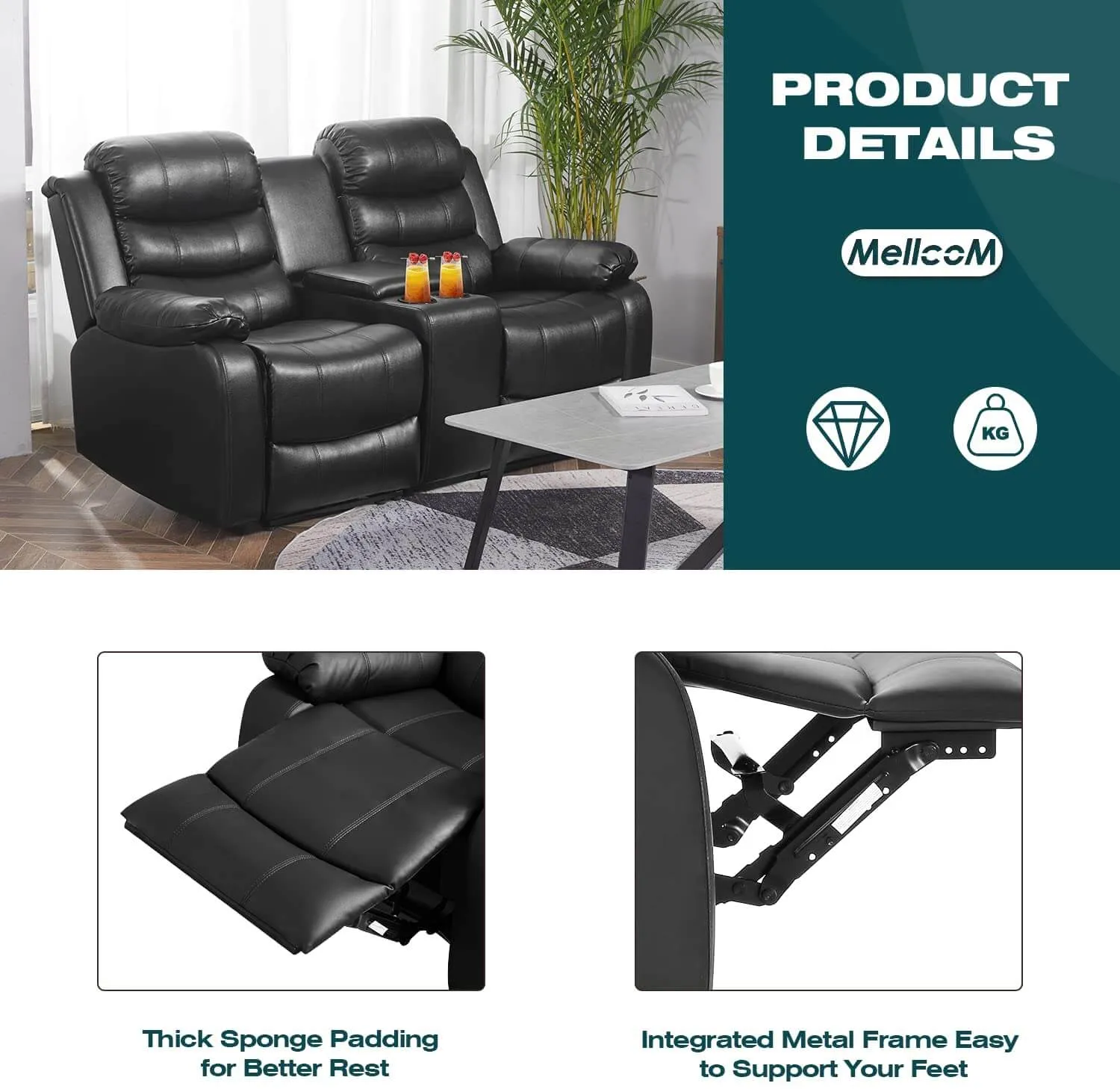 Homrest Manual Reclining Double Loveseat with Storage Console , Black