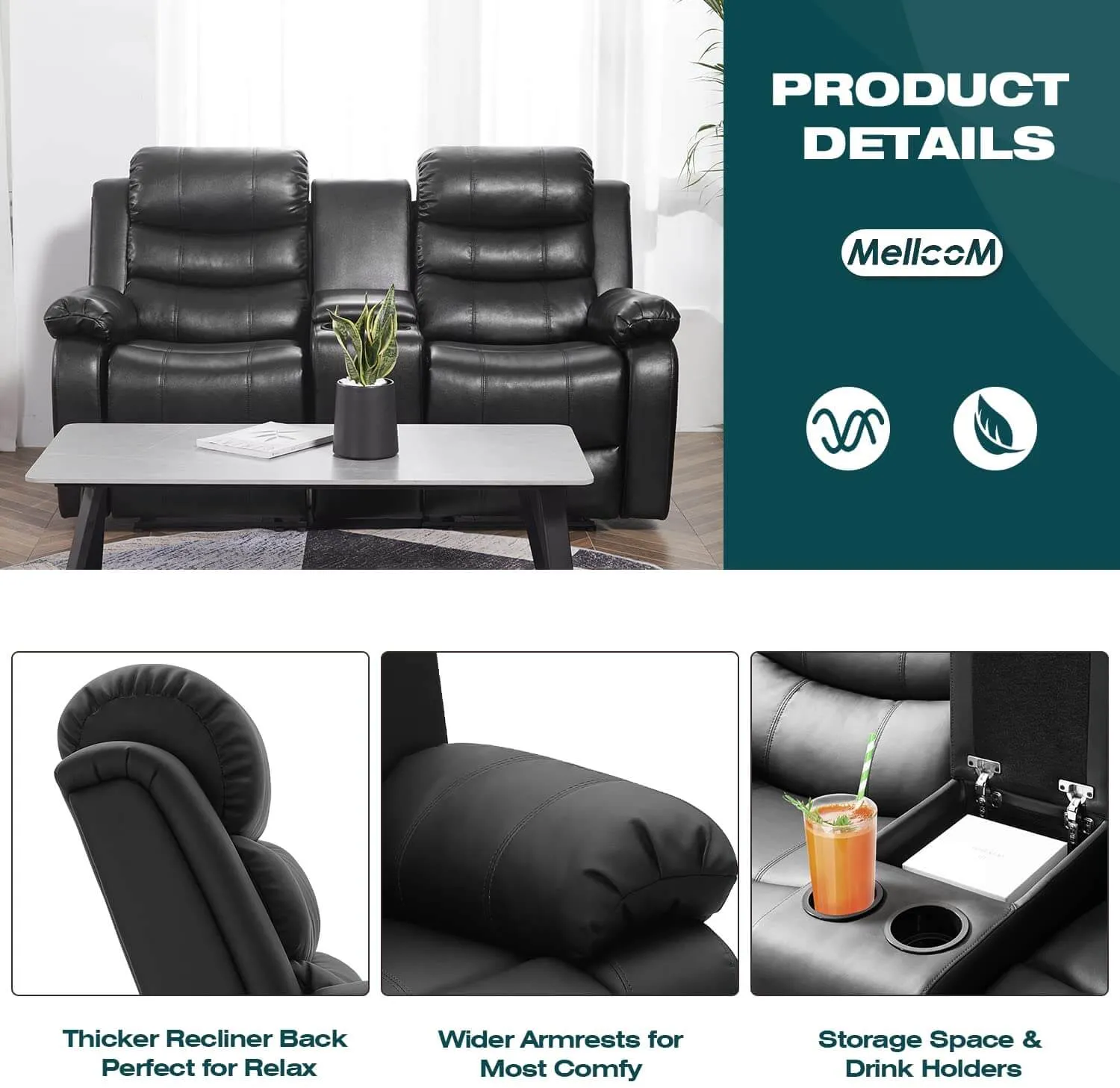 Homrest Manual Reclining Double Loveseat with Storage Console , Black