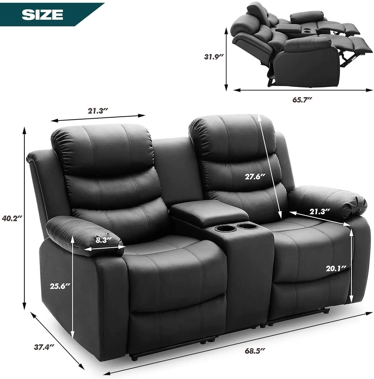 Homrest Manual Reclining Double Loveseat with Storage Console , Black