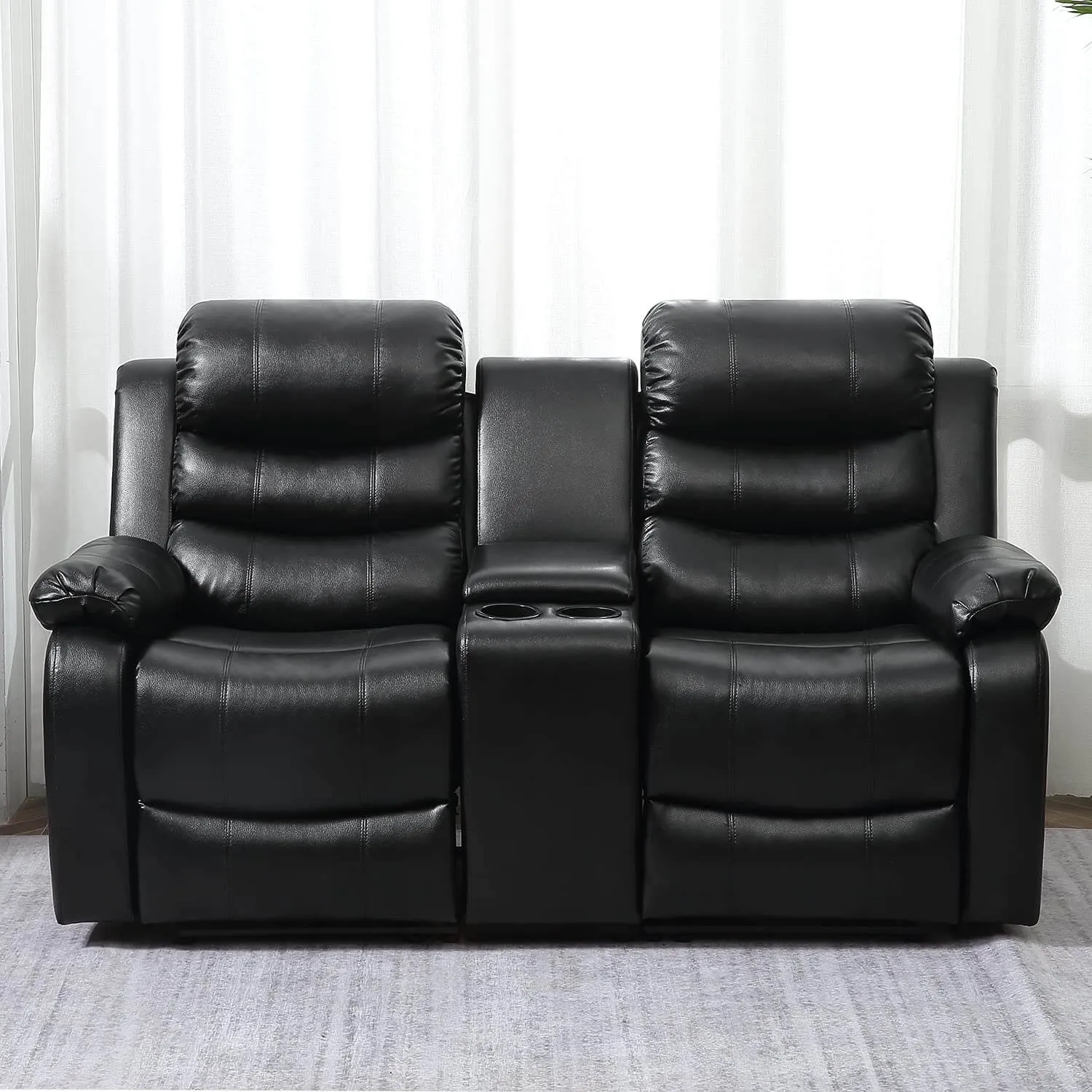 Homrest Manual Reclining Double Loveseat with Storage Console , Black