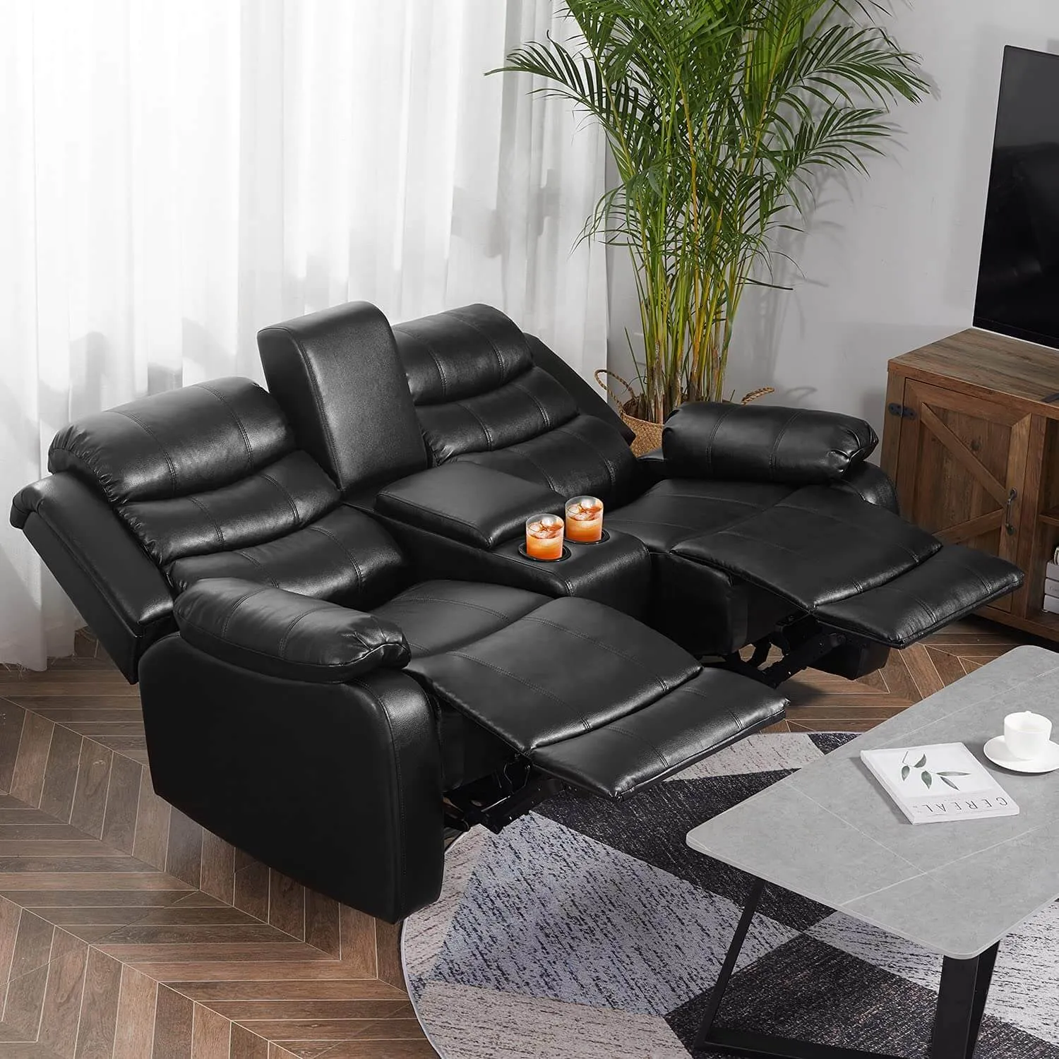 Homrest Manual Reclining Double Loveseat with Storage Console , Black