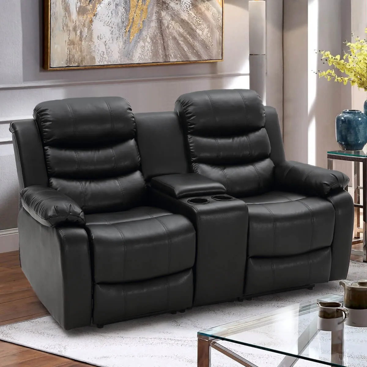 Homrest Manual Reclining Double Loveseat with Storage Console , Black