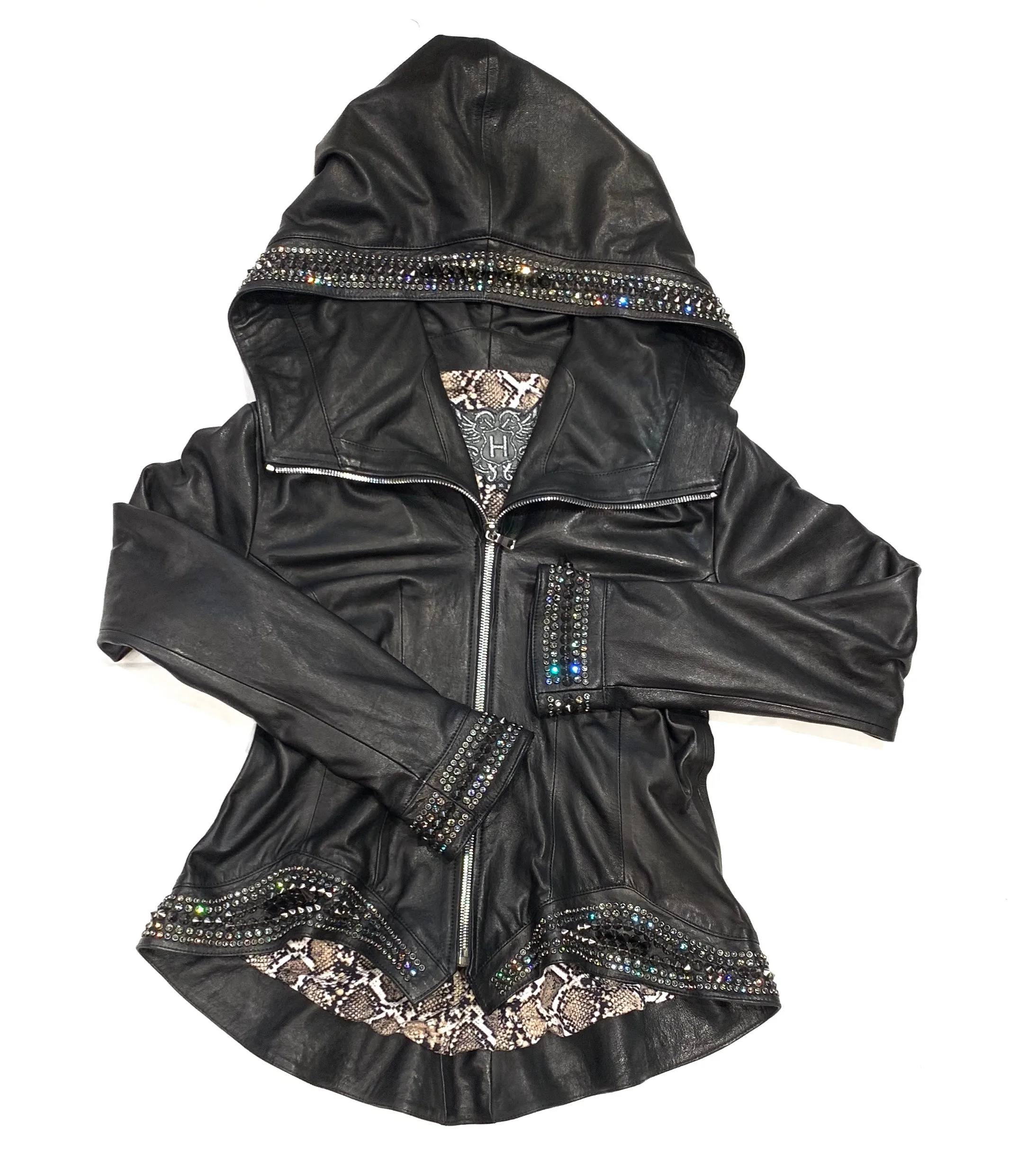 Hoss Couture Women's Swarovski Lambskin Leaf Studded Moto Jacket