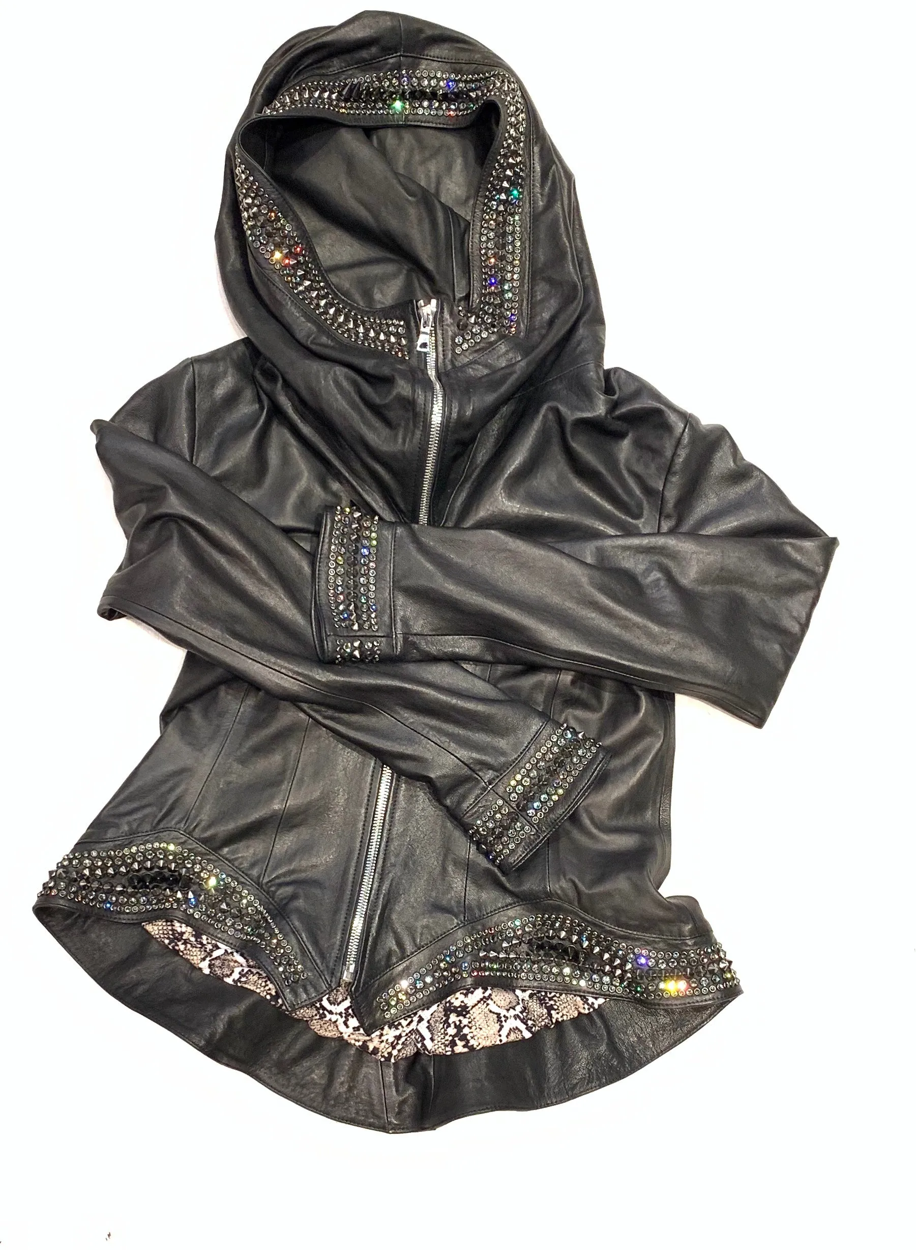 Hoss Couture Women's Swarovski Lambskin Leaf Studded Moto Jacket