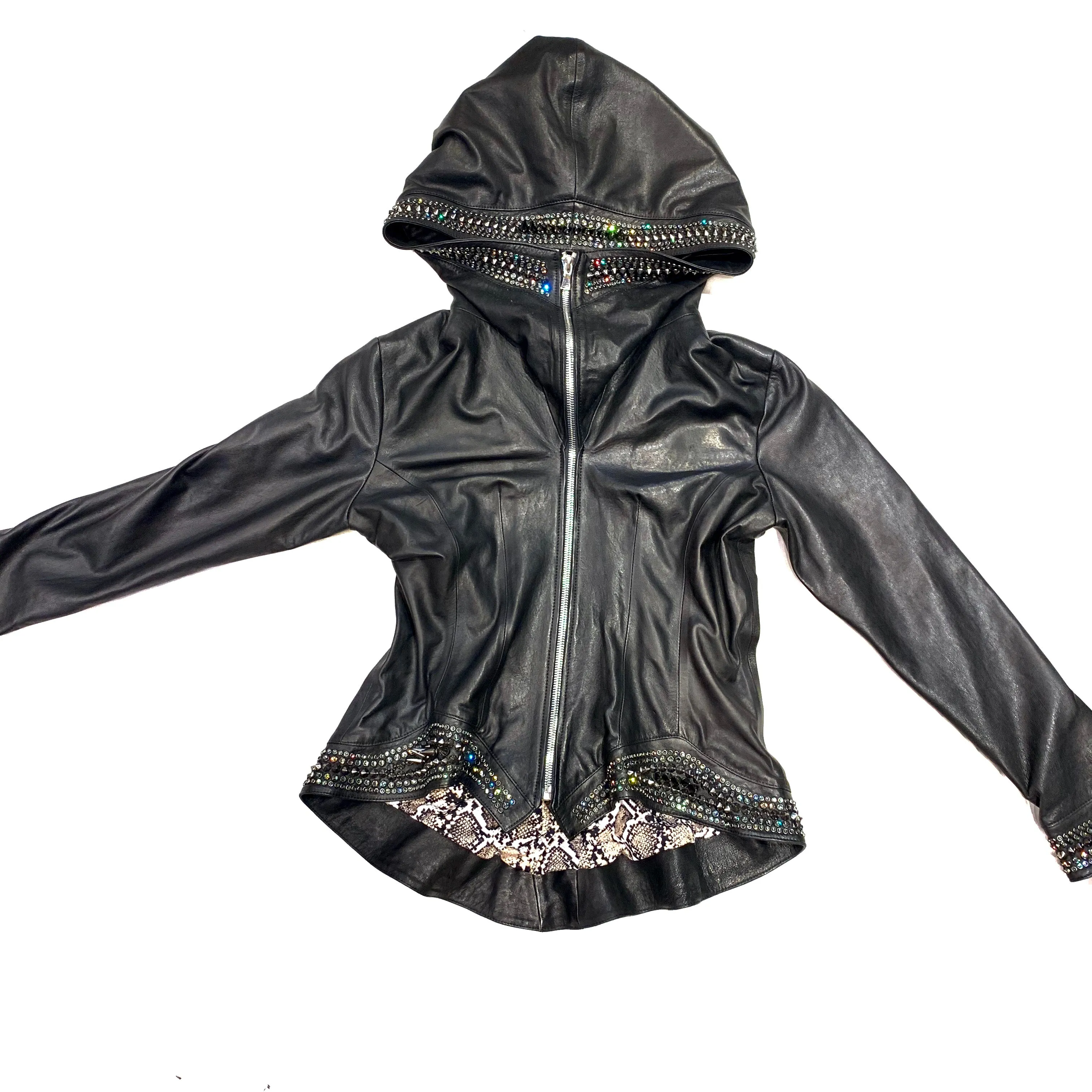 Hoss Couture Women's Swarovski Lambskin Leaf Studded Moto Jacket