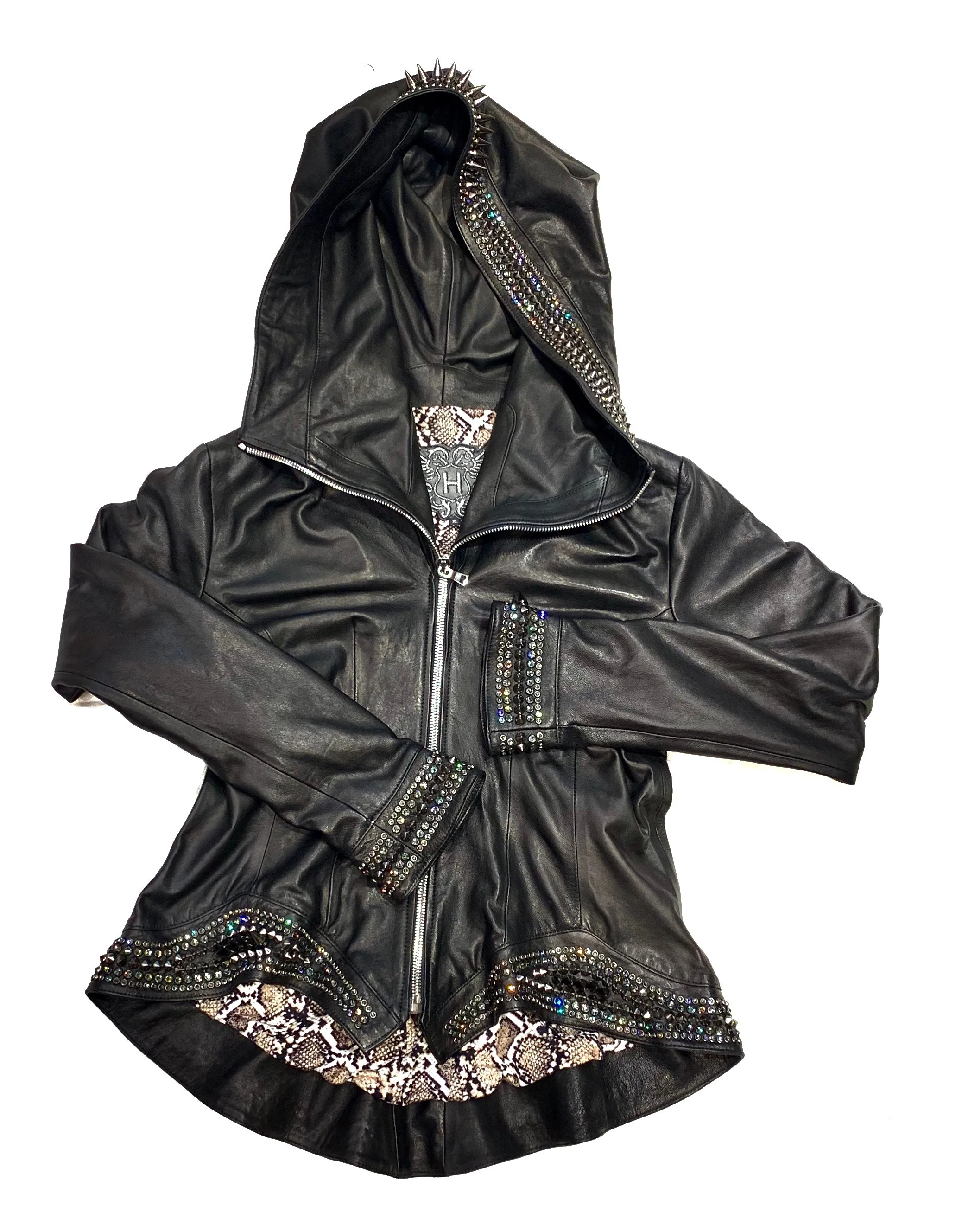 Hoss Couture Women's Swarovski Lambskin Leaf Studded Moto Jacket