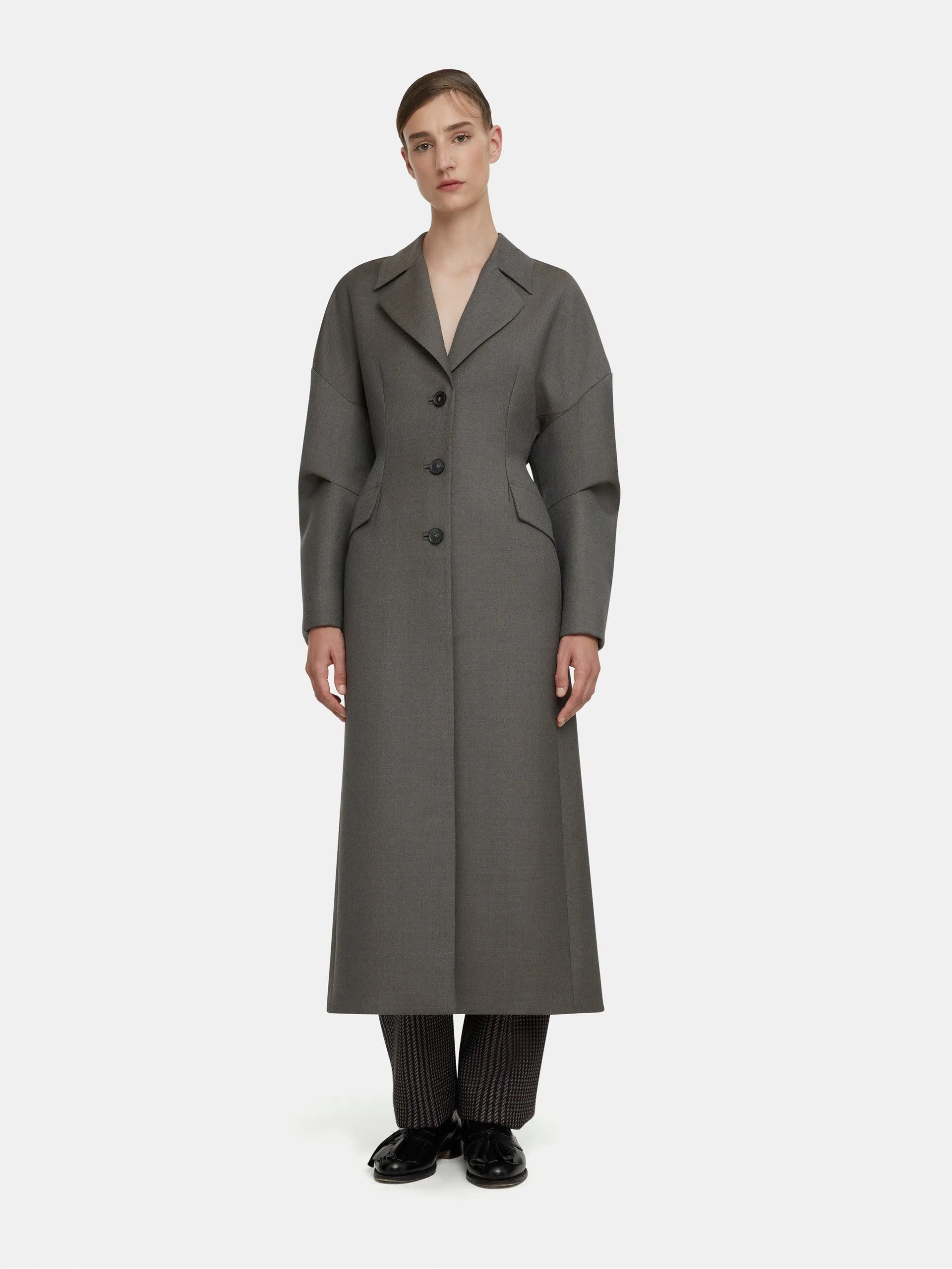 Jaya tailored coat in ash grey seersucker merino