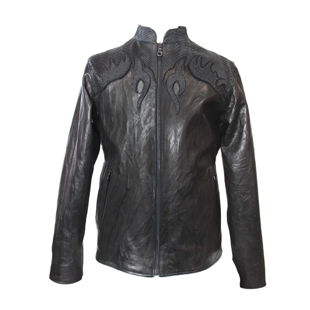 Kashani Moltres Mandarin Collar Stingray/Cobra/Calf Leather Biker Jacket