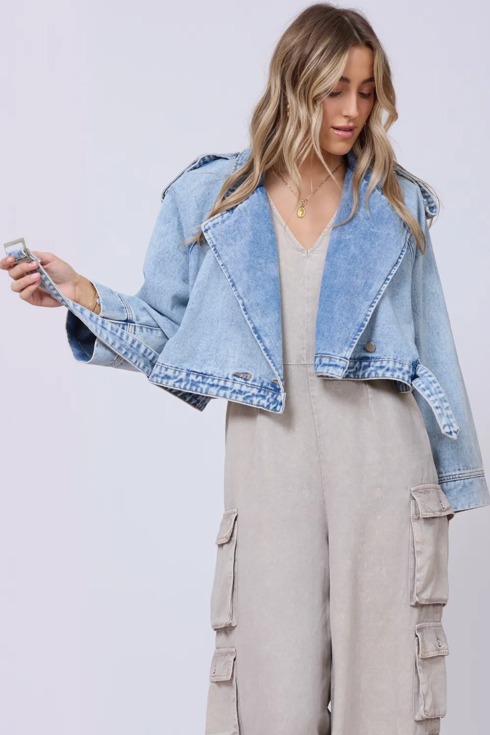 Light Wash Denim Cropped Moto Jacket