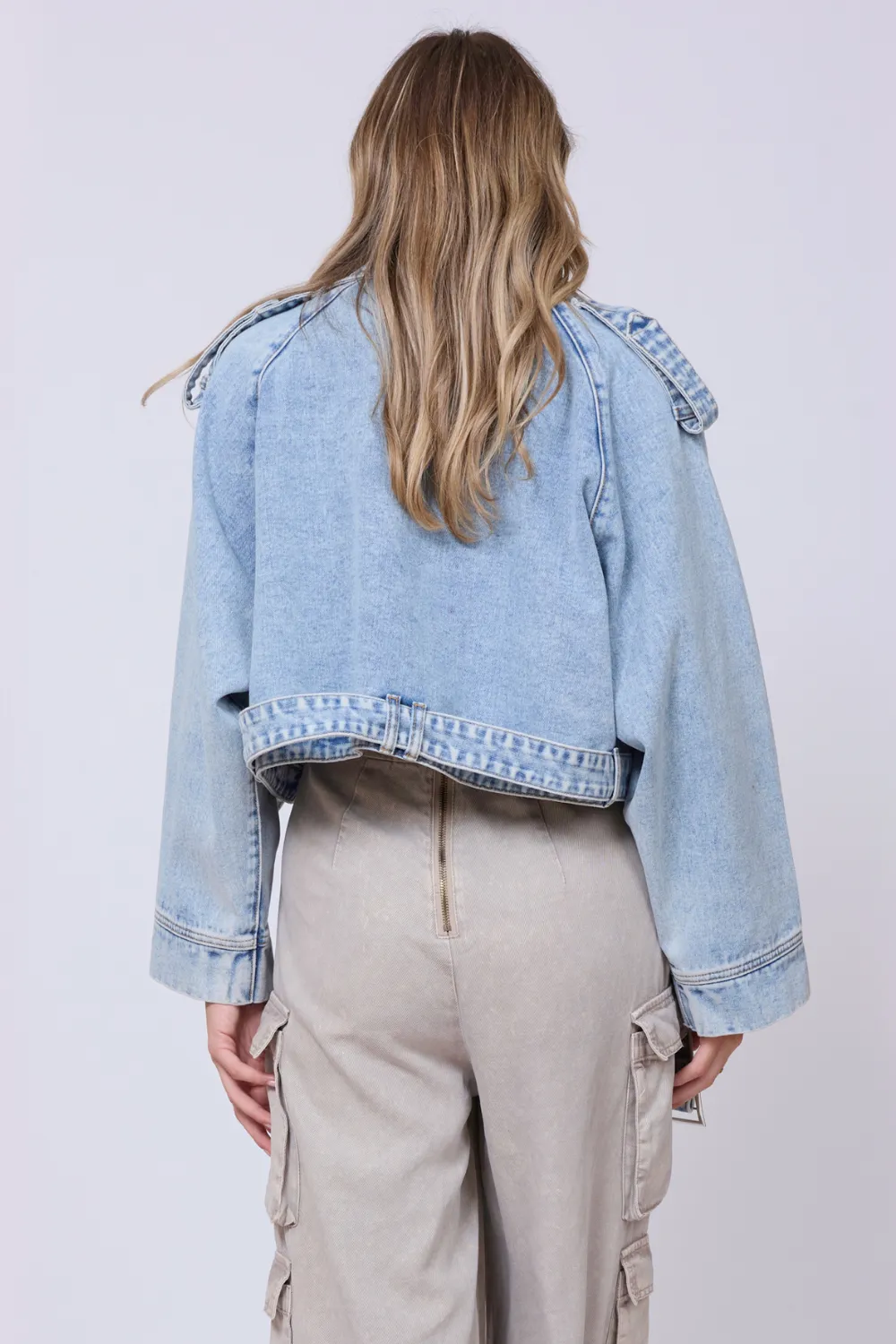 Light Wash Denim Cropped Moto Jacket