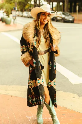 Lucky and Blessed Black Aztec fur collar and cuffs Long Coat