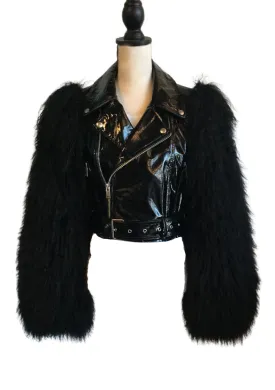 Madonna and Co Leather Biker Jacket with Fluffy Fur Sleeves