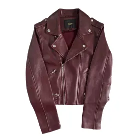 MAJE Basalti Leather Biker Jacket Burgundy SIZE 14