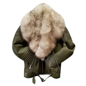 MEN GREEN- BIKER RIBBLES WITH OFF WHITE FOX FUR