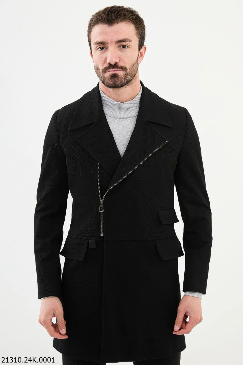 Men's Black Asymmetrical Zip Cotton Blend Winter Coat