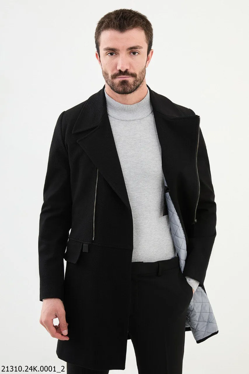 Men's Black Asymmetrical Zip Cotton Blend Winter Coat