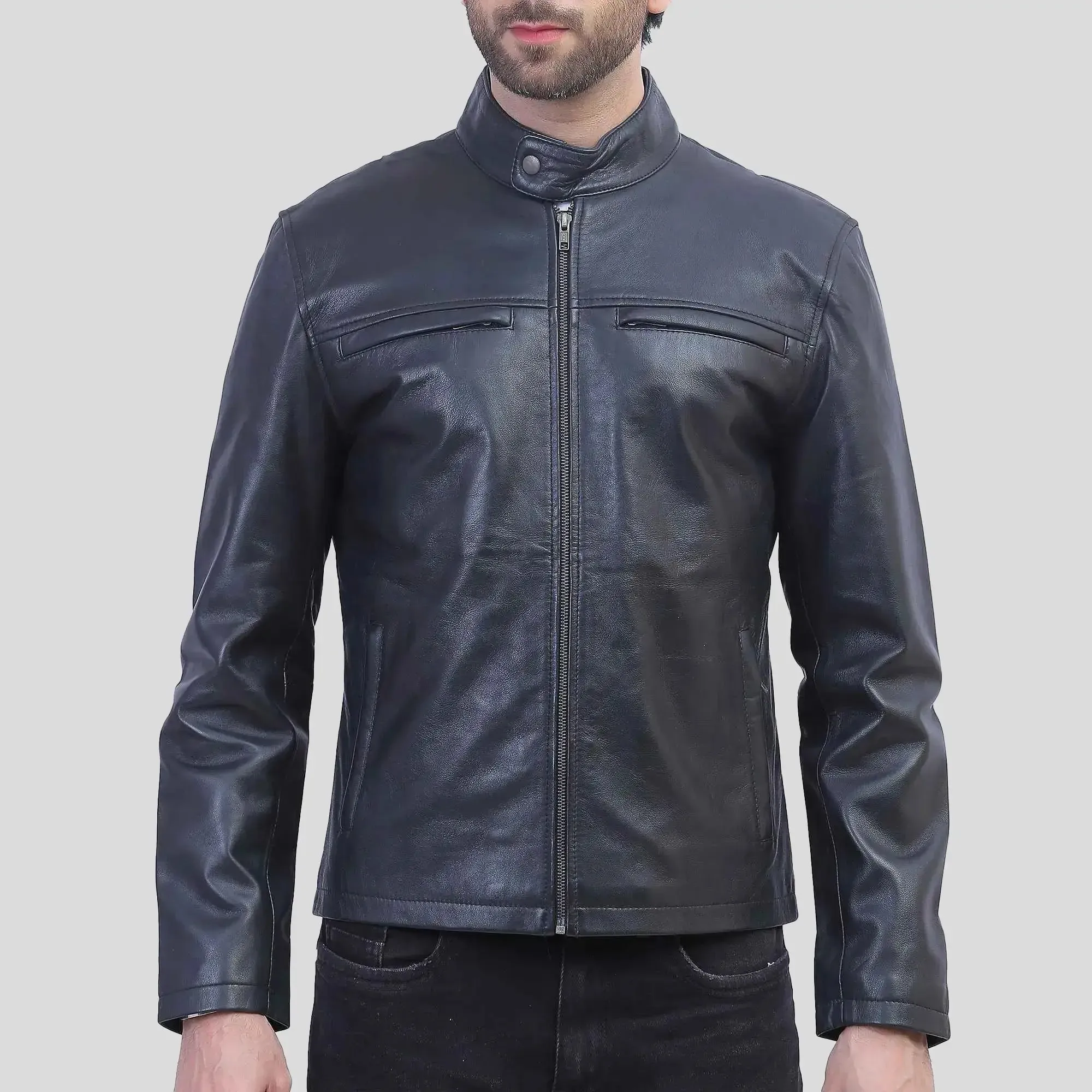 Mens Cafe Racer Black Leather Jacket