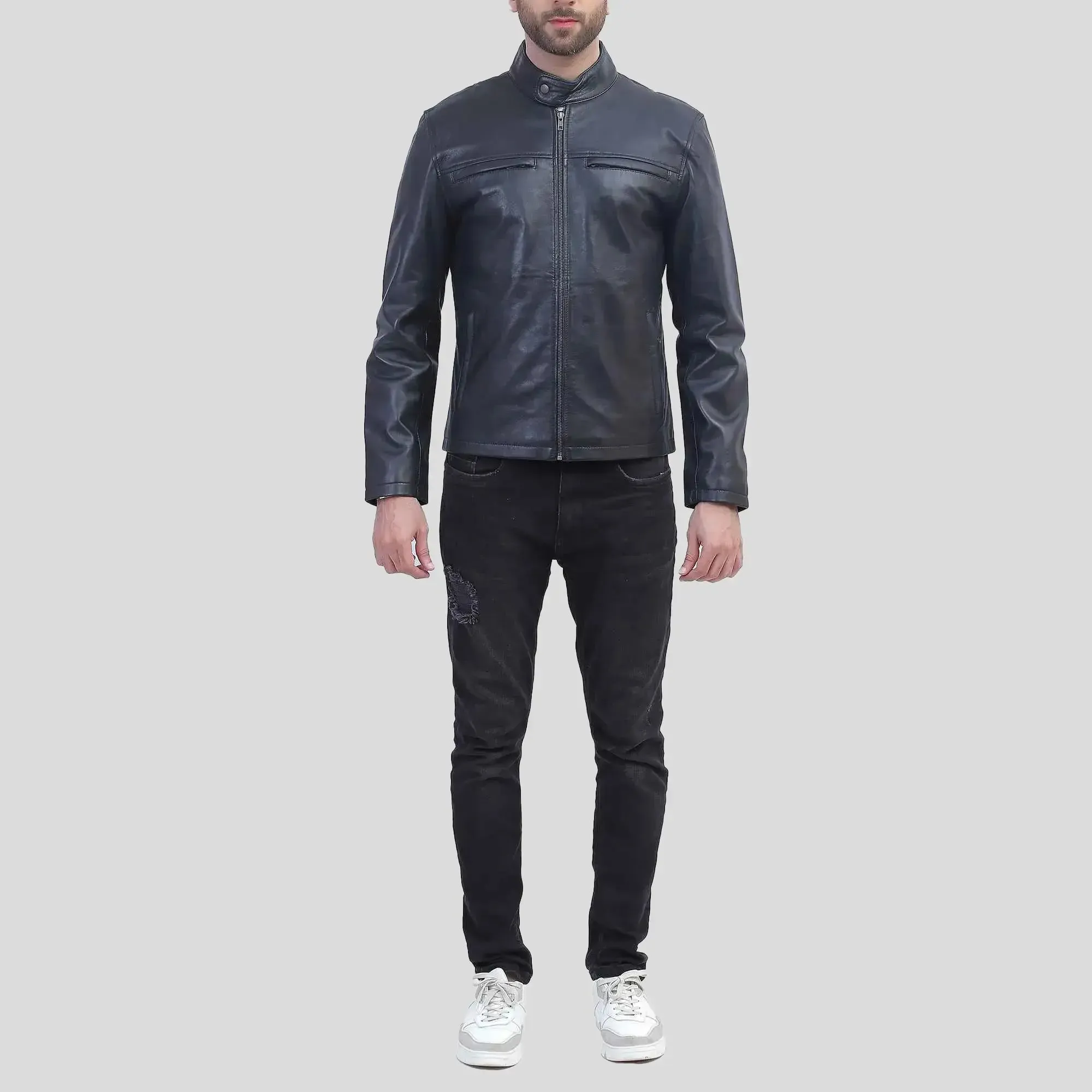 Mens Cafe Racer Black Leather Jacket