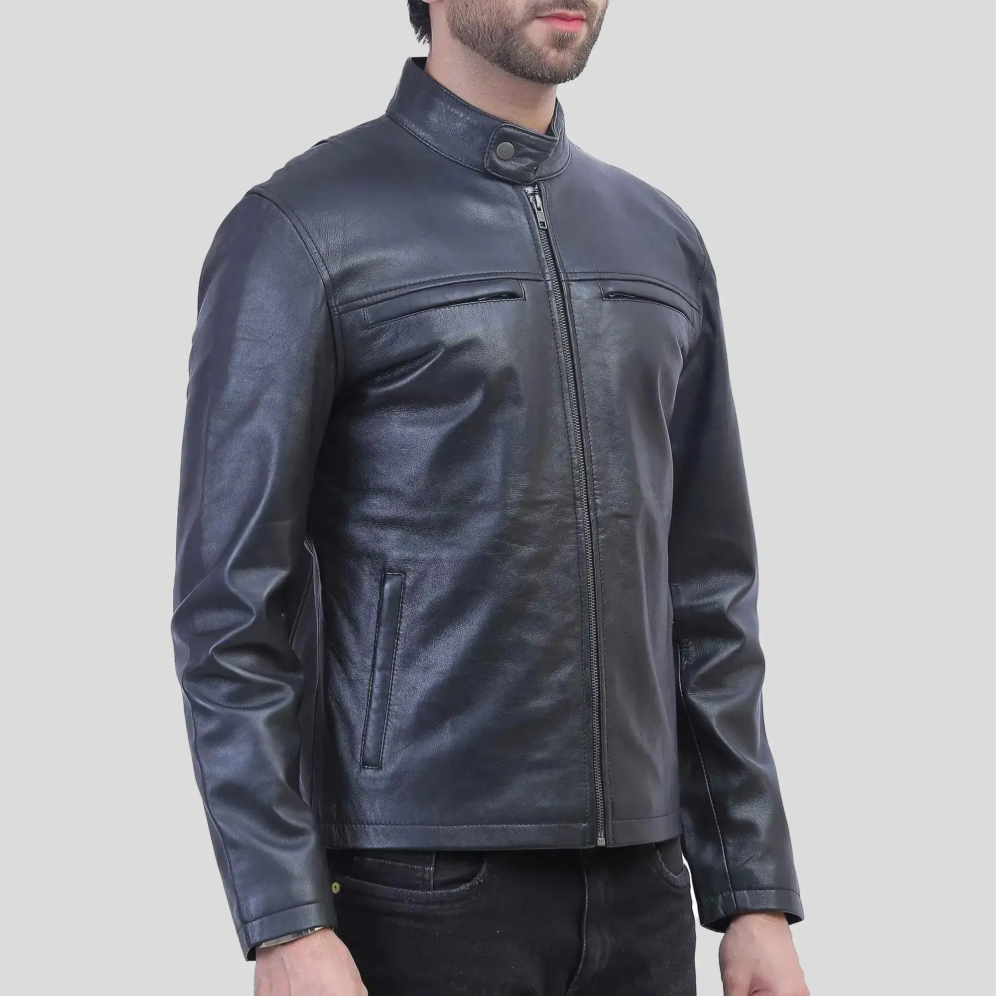 Mens Cafe Racer Black Leather Jacket