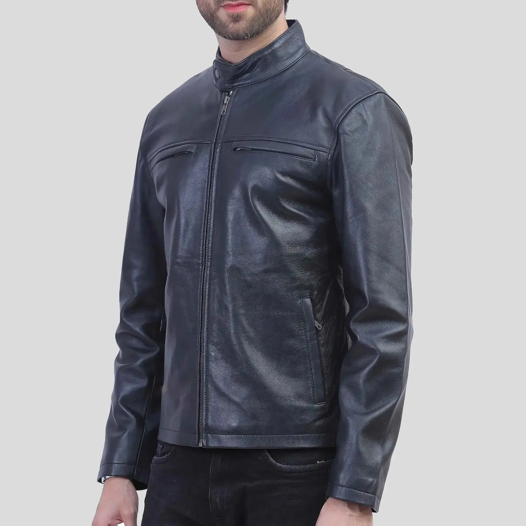 Mens Cafe Racer Black Leather Jacket