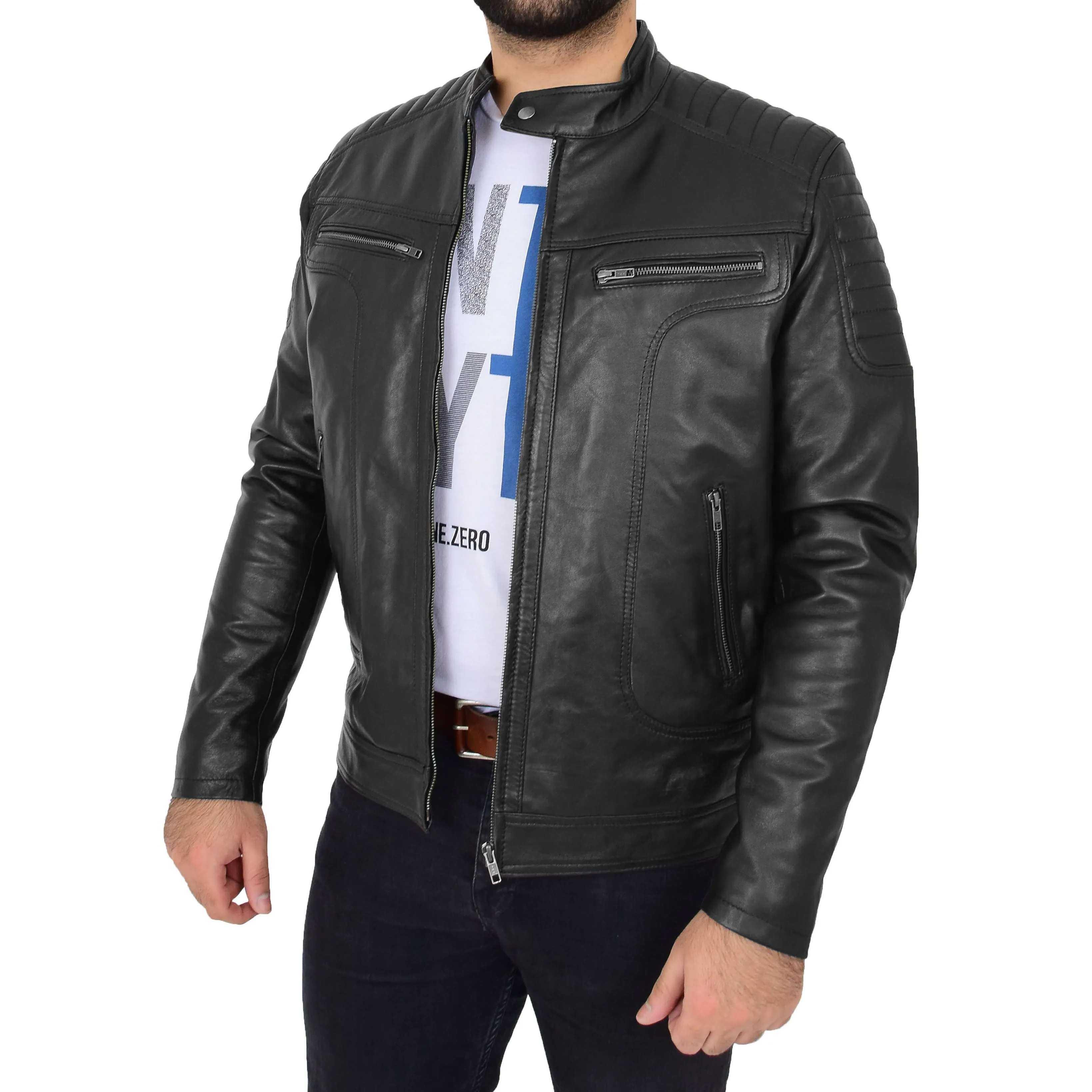 Mens Genuine Soft Leather Biker Jacket Rider Black