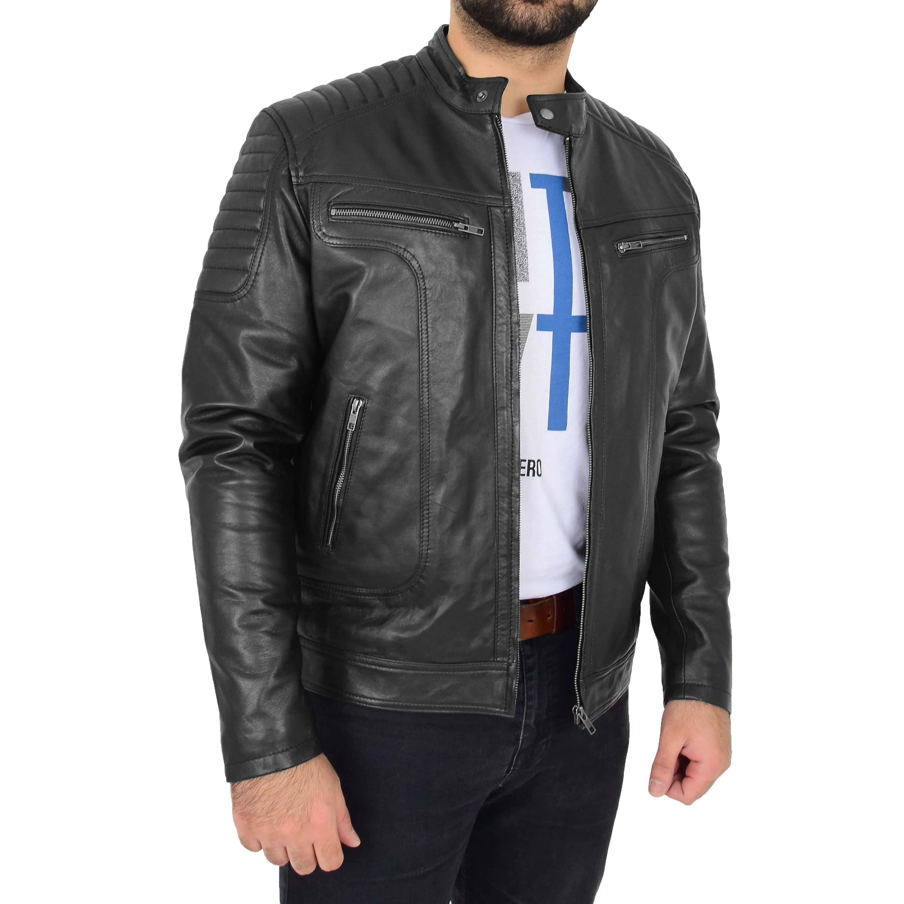 Mens Genuine Soft Leather Biker Jacket Rider Black