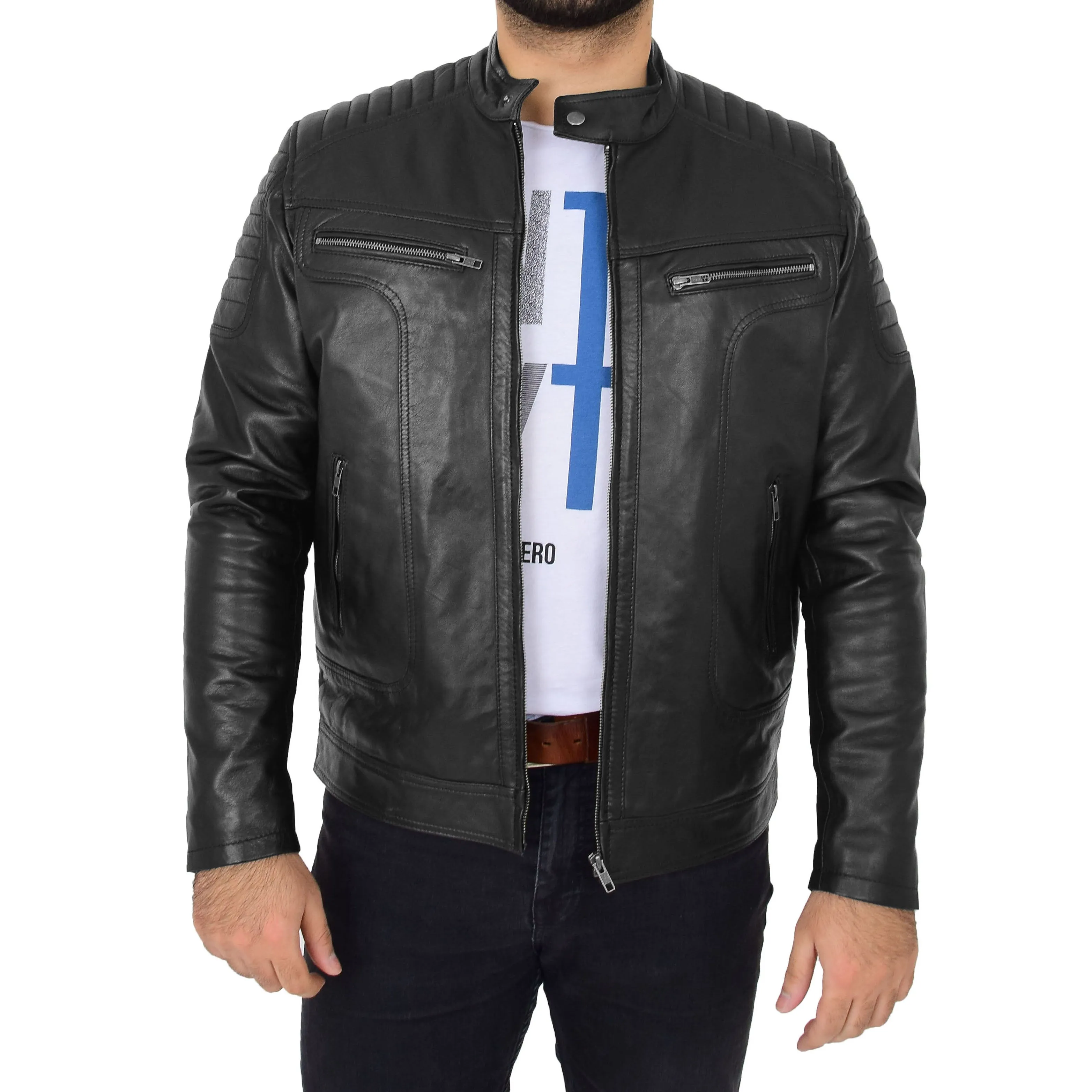 Mens Genuine Soft Leather Biker Jacket Rider Black