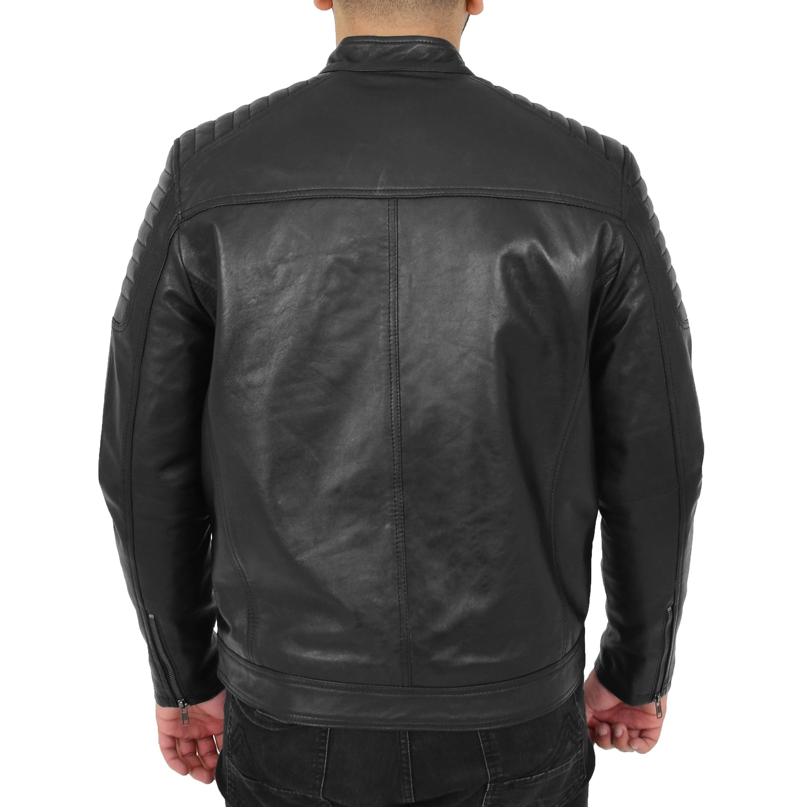 Mens Genuine Soft Leather Biker Jacket Rider Black