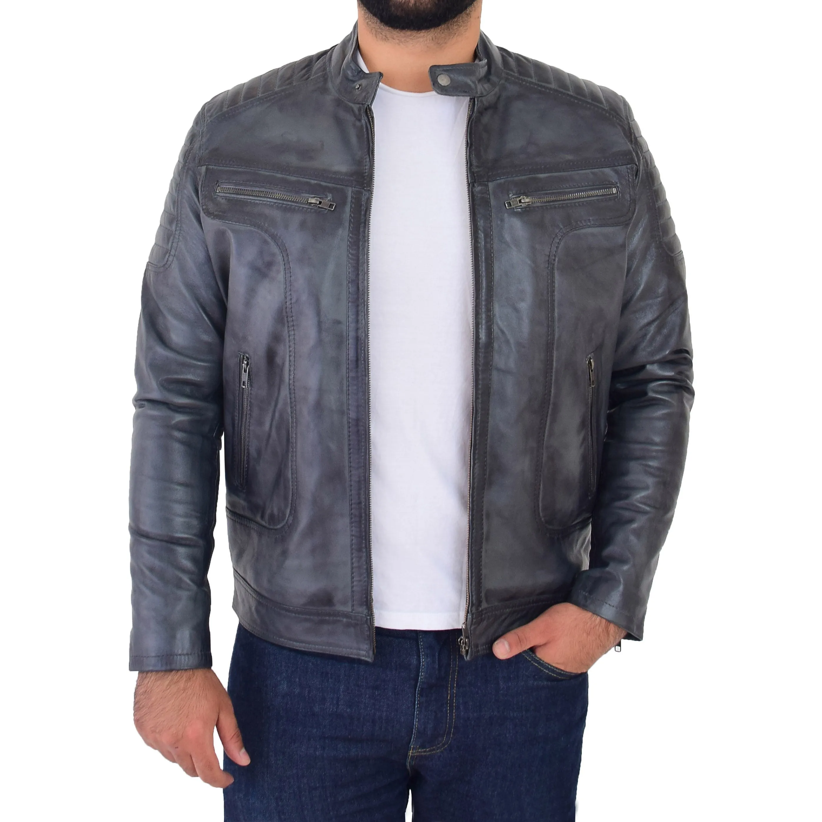 Mens Genuine Soft Leather Biker Jacket Rider Grey