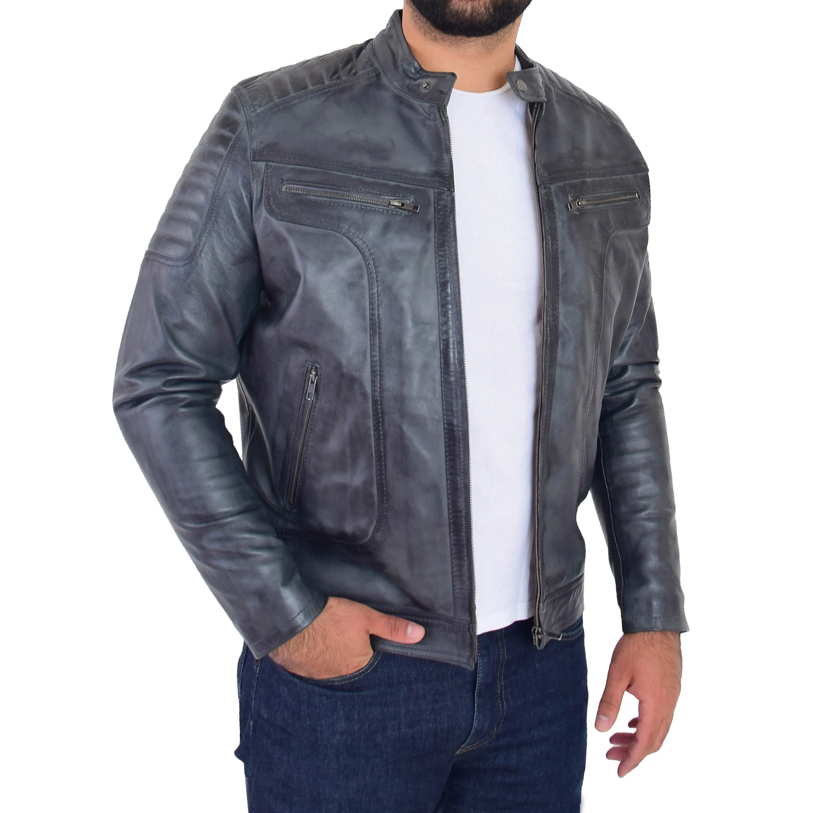 Mens Genuine Soft Leather Biker Jacket Rider Grey