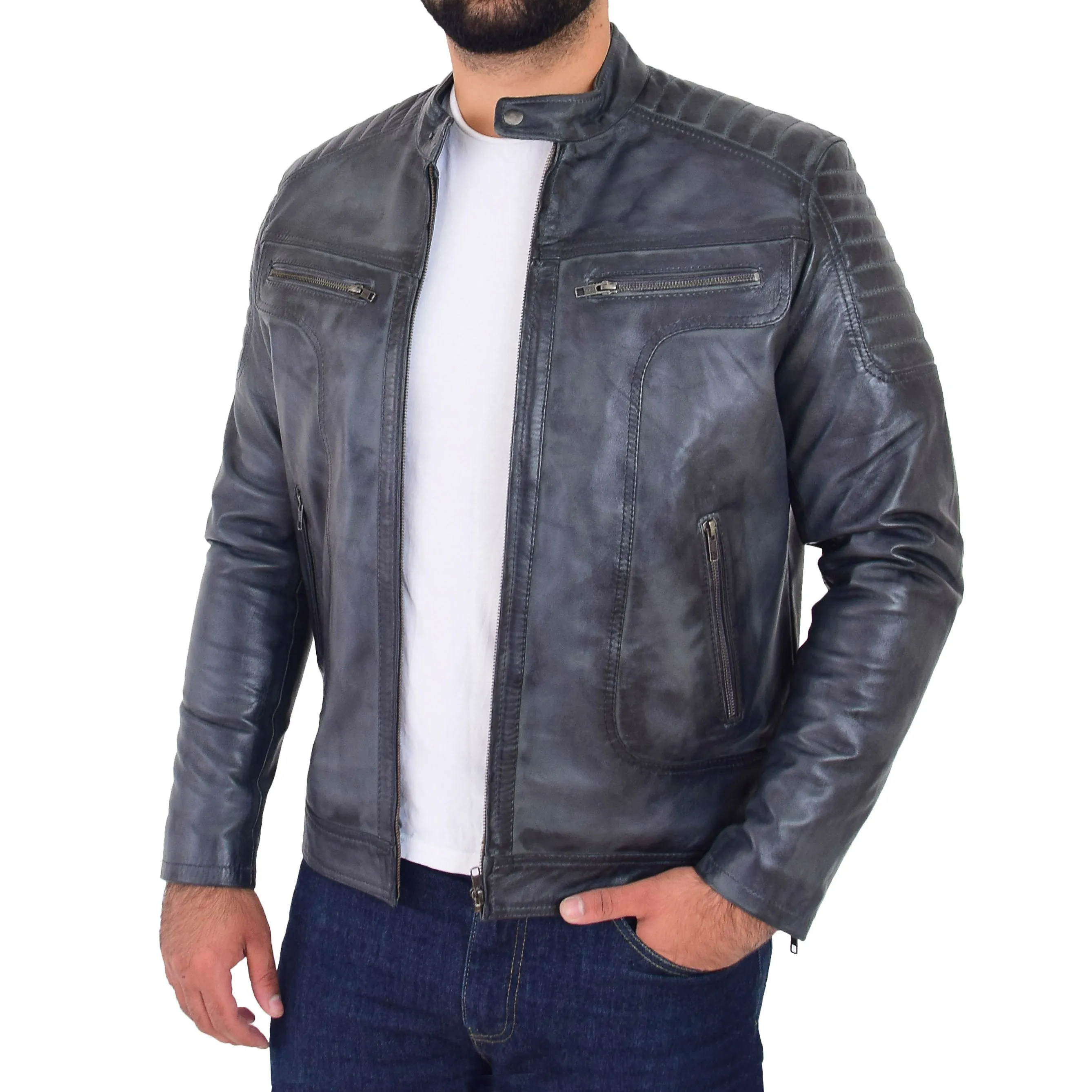 Mens Genuine Soft Leather Biker Jacket Rider Grey