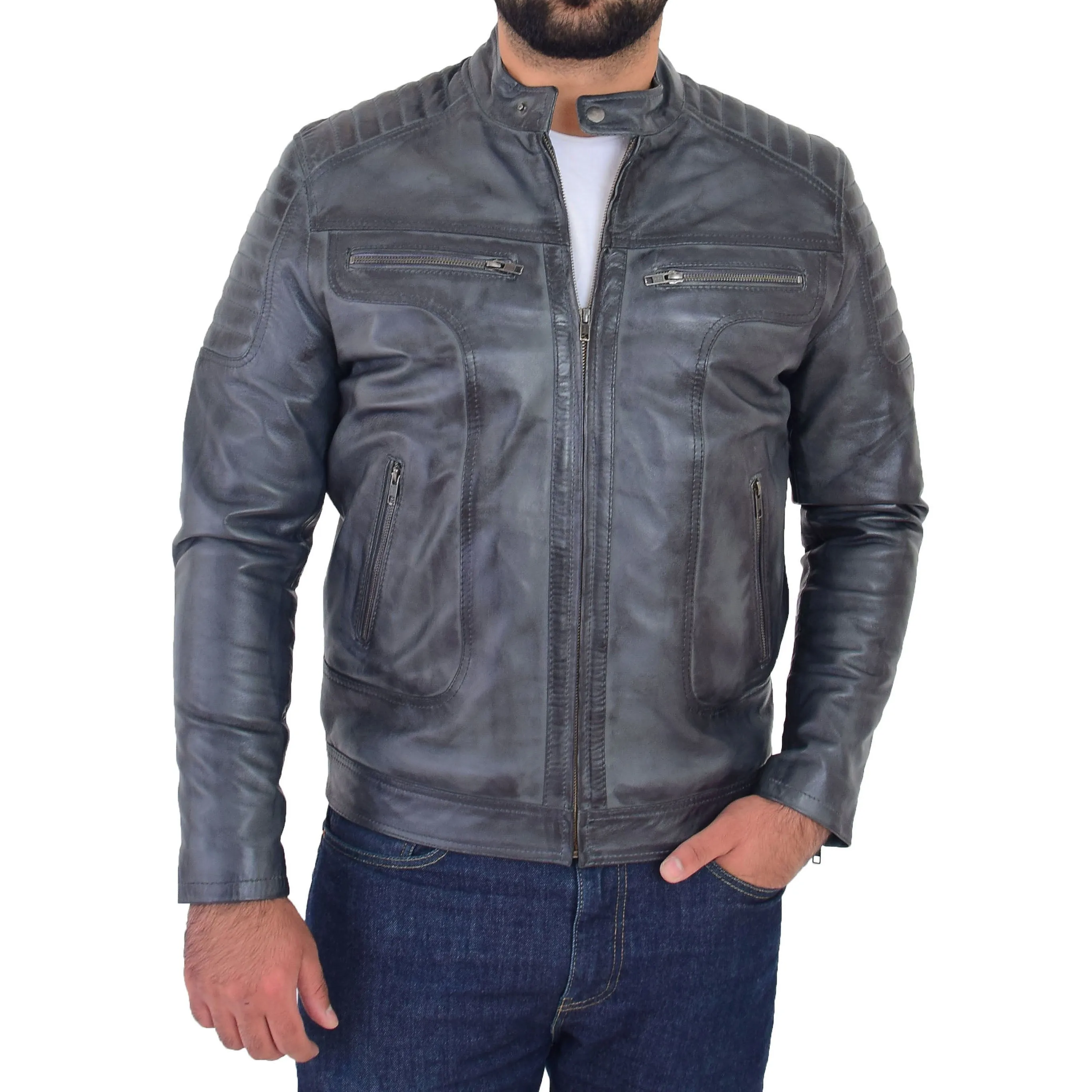 Mens Genuine Soft Leather Biker Jacket Rider Grey